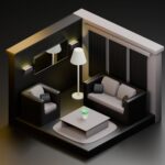 Nowoczesny, minimalistyczny salon w bloku w wizualizacji 3D