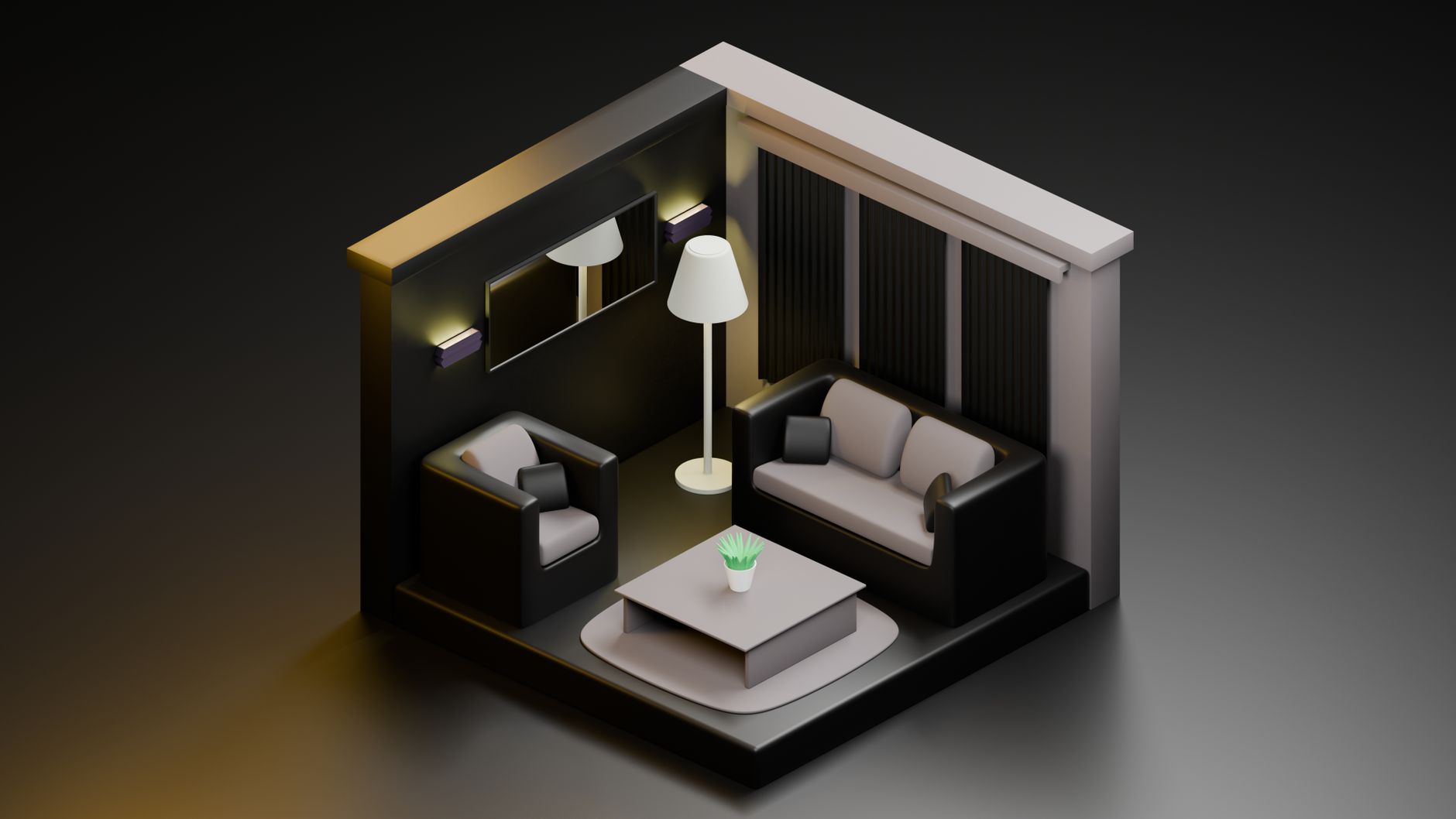 Nowoczesny, minimalistyczny salon w bloku w wizualizacji 3D